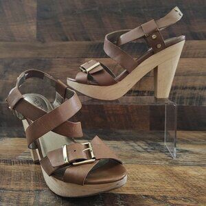 Me Too Women's Ebony 6 Brown Leather Platforms Sandals Size 6.5M